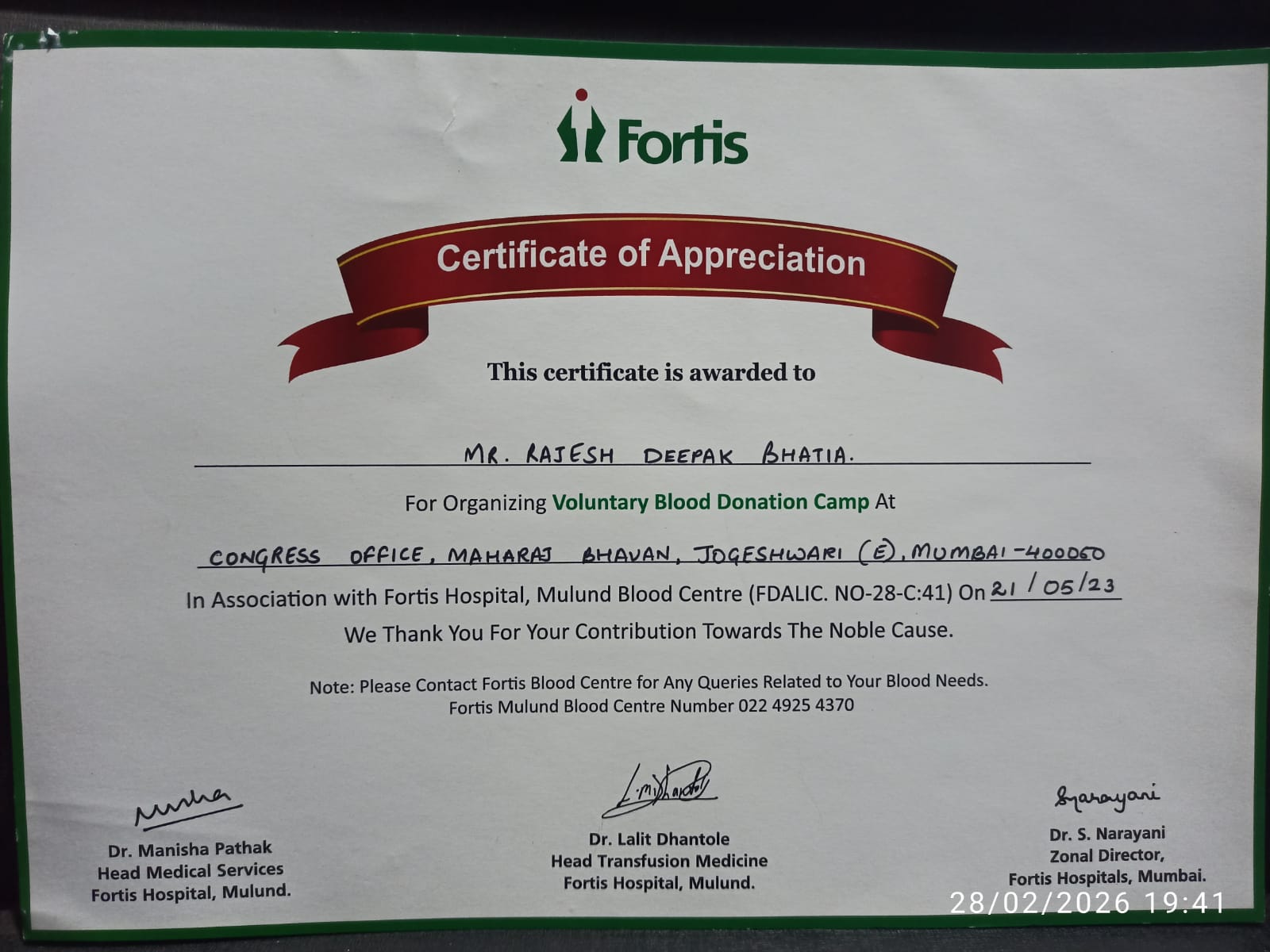 Fortis Certificate of Appreciation